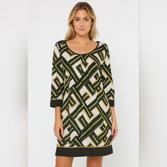 Ann Taylor LOFT S 6 Green White Yellow Geometric Sheath Dress Cuffed 3/4 Sleeves - Picture 1 of 11